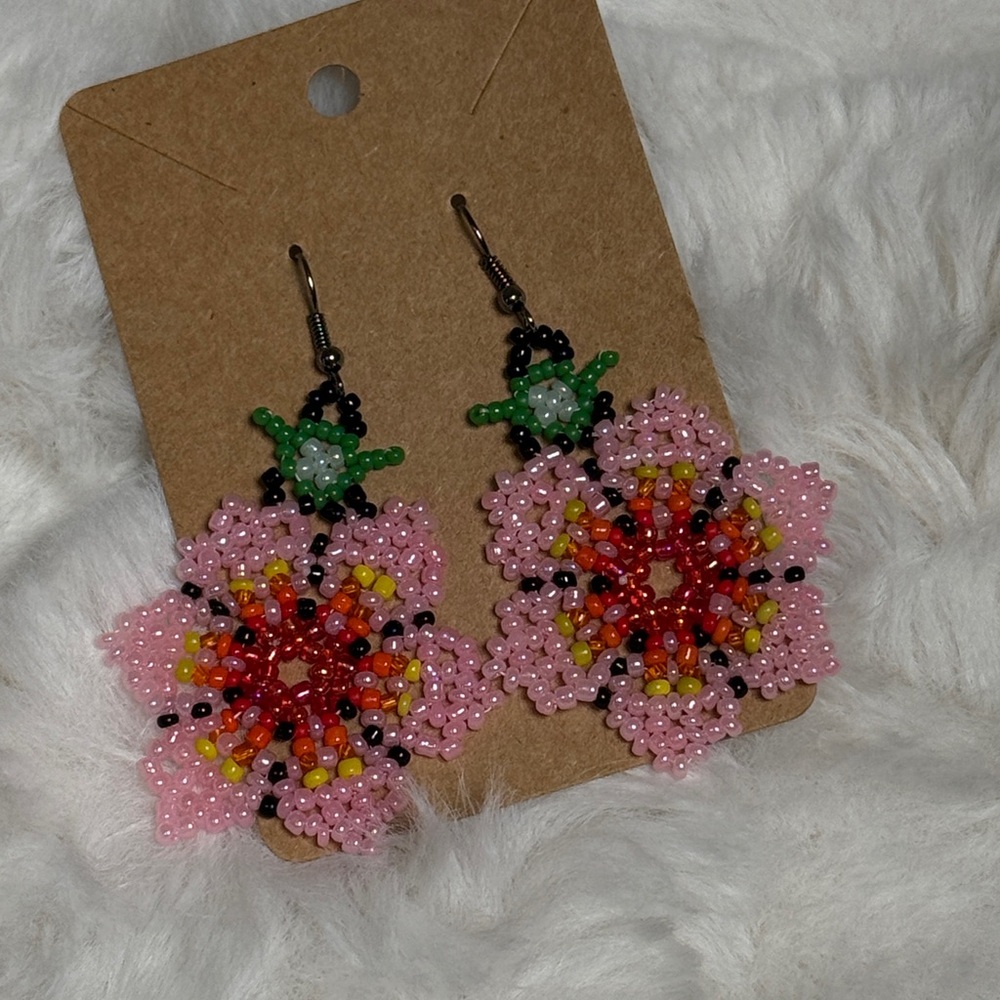 Pink Handmade Beaded Flower Earrings